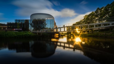 夜间绿色树木和河流附近的灰色混凝土建筑